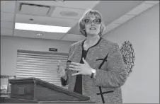  ?? SAM MACDONALD/THE NEWS ?? Shelley Rowan speaks to guests, staff and management at Riverview Home Corp. on May 8, just before presenting a workplace recognitio­n award from WCB Nova Scotia.