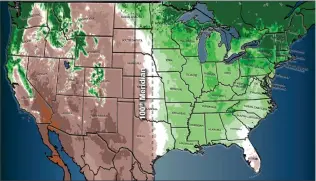  ??  ?? During the late 19th century, land management officials conceived of the invisible boundary along the 100th meridian (solid line) to mark the beginning of the US' Great Plains region. The invisible border bisects all of North America. Scientists have...