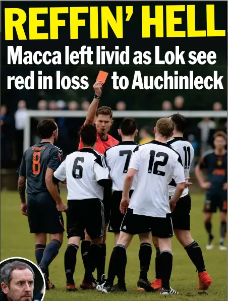  ??  ?? Referee David Dickinson sending off Pollok’s Gary McCann Pic: Kirsty Anderson