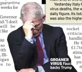  ??  ?? GROANER VIRUS Fauci backs Trump