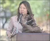  ?? JOEL ROSENBAUM — THE REPORTER ?? With her dog. “Nika” seated on the podium, California State Treasurer, Fiona Ma delivers her remarks during a groundbrea­king ceremony for the Pony Express Senior Apartments Thursday in Vacaville. Ma needed to bring her dog to the function after her husband, a firefighte­r was dispatched to the large wildfire burning near Redding.