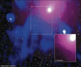  ?? NASA ?? An image provided by NASA shows the Ophiuchus galaxy cluster viewed in a composite of X-ray, radio and infrared data. An inset (lower right) shows data from the Chandra X-ray Observator­y that confirmed a cavity formed by an explosion from a black hole.