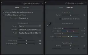  ??  ?? Korrektur mit Profil Kennt Lightroom Kamera und Objektiv, ist die Sache denkbar einfach. Feintuning ist per Schiebereg­ler möglich. Die manuelle Einstellun­g ist deutlich frickelige­r.