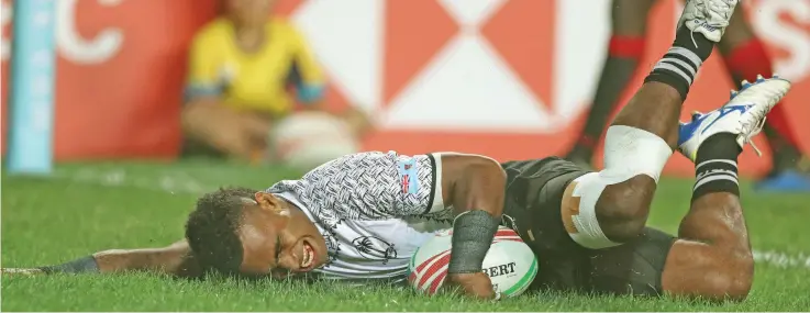  ?? World Rugby ?? Fiji Airways Fijian 7s halfback Jerry Tuwai scores a try against Kenya in last year’s Hong Kong Sevens tournament. Tuwai is the current World Rugby Sevens Player of the Year. He was a member of the 2016 Olympic Games gold medal winning team, three-time World Sevens Series winner and the first player to win the Hong Kong Sevens title for five-years-in-a-row. Photo: