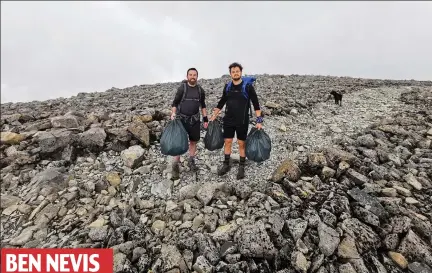  ??  ?? Height of laziness: Rubbish left on the Munro is cleared by climbers James and Michael