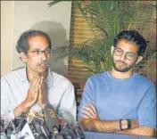  ??  ?? ■
Shiv Sena chief Uddhav Thackeray (left) with party MLA and son Aaditya Thackeray; Congress leader Ahmed Patel with NCP chief Sharad Pawar, in Mumbai on Tuesday.