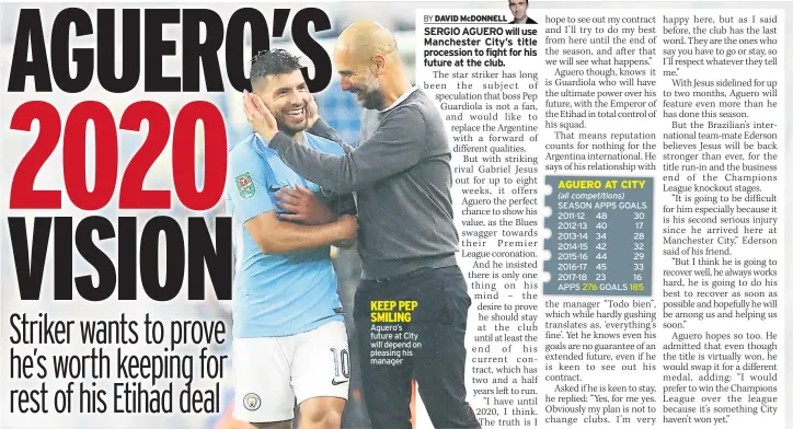  ??  ?? KEEP PEP SMILING Aguero’s future at City will depend on pleasing his manager