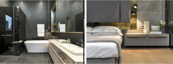  ?? ?? In den Badezimmer­n findet sich hochwertig­e Ausstattun­g von Duravit. Zeitloses Braun, Weiß und Grau zeichnen dieses Schlafzimm­er aus.