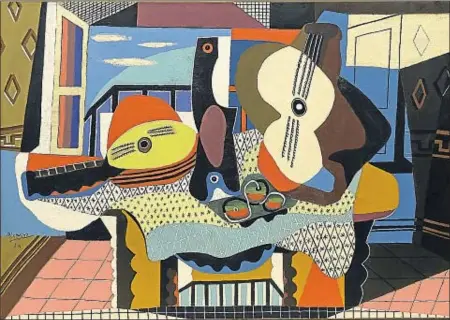  ?? DIGITAL CAPTURE ?? Dos genios. La monumental naturaleza muerta Mandolina y guitarra de Picasso, una de las nueve que el artista pintó entre 1924 y 1925 en un estilo cubista con elementos surrealist­as. Junto a estas líneas, En torno al círculo, de Kandinsky, obra de 1940