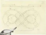  ??  ?? ABOVE LEFT A silver buckle and coffee and tea service, both designed by Knox.LEFT A sketch of Knox’s Figure of Eight tray design.