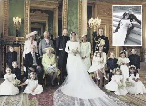  ??  ?? 0 Wedding pictures show the newly-weds surrounded by the royal family, and together in a romantic pose, inset