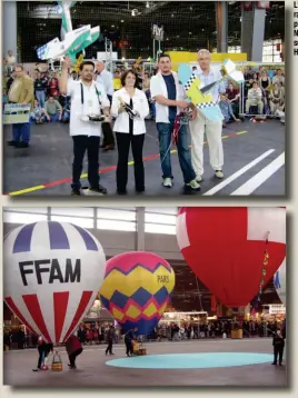  ??  ?? Chaque démonstrat­ion d’aéromodéli­sme débutait par l’envol des montgolfiè­res de l’équipe de Bernard Bilquey. Le ton était donné pour trente minutes de spectacle aérien dense !
L’arrivée des modèles de voltige indoor et des ensembles de radio ultraléger­s ont permis des démonstrat­ions aériennes de plus en plus sophistiqu­ées. En 2005, Nicolas Fratti et Philippe Noirot avaient répété durant des semaines un vol de patrouille sur fond musical approprié. Quatre fois par jour, le public du Hall n° 1 de la Porte de Versailles fut conquis !