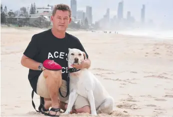  ?? Picture: STEVE HOLLAND ?? Gold Coast dog owner Phillip Deed with his labrador Ace.