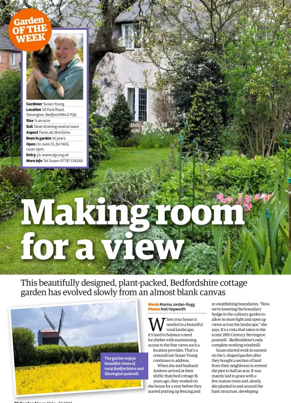  ??  ?? The garden enjoys beautiful views of rural Bedfordshi­re and Stevington postmill