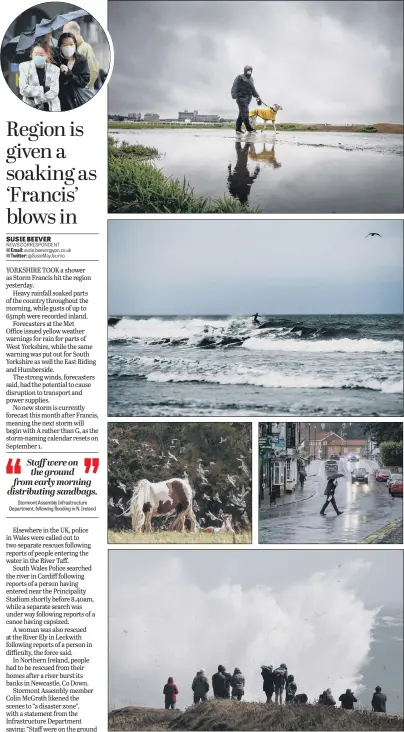  ?? Susie.beever@ypn.co.uk @SusieMayJo­urno PICTURES: JAMES HARDISTY/JONATHAN GAWTHORPE/SIMON HULME/PA. ?? WEATHER EYE: From top, a dog walker braves the rain at York Racecourse; surfers enjoy the waves at Whitby; birds fly around a grazing horse at Heathrow; a wet Tadcaster; waves crash against the shoreline at Portland Bill in Dorset. Inset, people in Leeds battle the wind and rain.