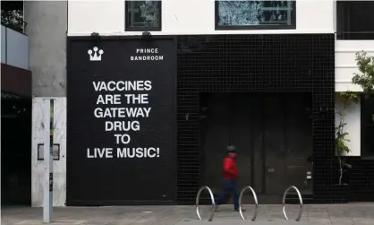  ?? Photograph: James Ross/AAP ?? The Prince Bandroom in Melbourne’s St Kilda during Covid lockdown. Patrons will not be allowed indoors at entertainm­ent and live music venues on Friday and will have to wait until the 80% vaccinatio­n target is reached.