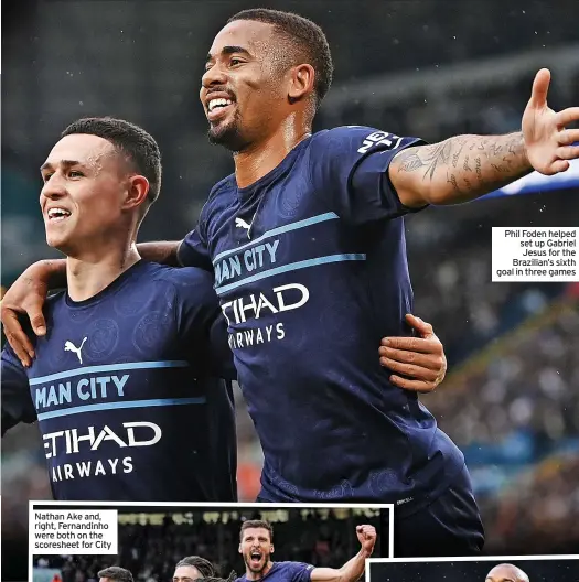  ?? ?? Phil Foden helped set up Gabriel Jesus for the Brazilian’s sixth goal in three games