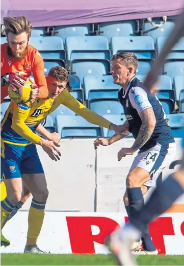  ??  ?? DISALLOWED GOAL: St Johnstone keeper Zander Clark drops the ball before Danny Mullen pounces to turn it into the net but the linesman’s flag ruled out the goal; below: Dundee striker Jason Cummings is denied by the visiting stopper.