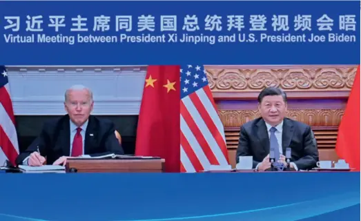  ?? ?? Chinese President Xi Jinping meets with U.S. President Joe Biden via video link from Beijing, on November 16, 2021