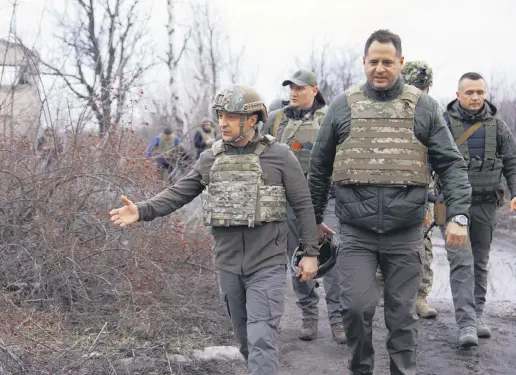  ?? ?? Ukrainian President Volodymyr Zelenskyy visits combat positions of the country’s armed forces near the line of separation from Russian-backed rebels in the Donetsk region, Ukraine, Feb. 17, 2022.