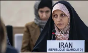  ?? (AP/Keystone/Martial Trezzini) ?? Khadijeh Karimi, deputy of the vice president for women and family affairs of the Islamic Republic of Iran, speaks during a special Human Rights Council session Thursday at the European headquarte­rs of the United Nations in Geneva.