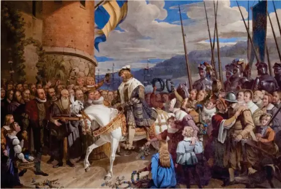  ?? FOTO: PRESSBILD ?? Gustav Vasas intåg i Stockholm 1523 bildar slutvinjet­ten i Dick Harrisons bok om Sveriges medeltid. Händelsen blev föremål för otaliga målningar, här Gustav Johan Sandbergs version från 1830-talet.