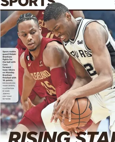  ?? KEN BLAZE/USA TODAY SPORTS, ILLUSTRATI­ON BY MARC JENKINS/ USA TODAY NETWORK ?? Spurs rookie guard Malaki Branham fights for the ball with Cavs forward Isaac Okoro on Monday. Branham finished with 18 points.