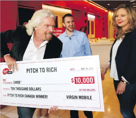  ?? DARREN MAKOWICHUK ?? Richard Branson was at Chinook Centre on Tuesday, where he helped announce the winners of Virgin Mobile Canada’s Pitch to Rich Contest, Stephanie and Alexander Florio of Toronto. The contest asked aspiring entreprene­urs to share a mobile-related...