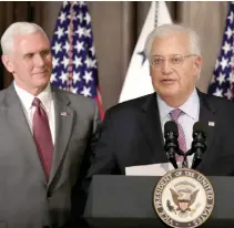  ?? (Reuters) ?? NEW US AMBASSADOR to Israel David Friedman speaks during his swearing-in ceremony hosted by Vice President Mike Pence.