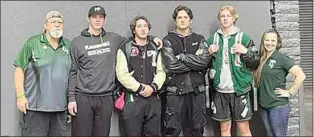  ?? PHOTO BY DESI LOVENGUTH ?? The Warriors had four wrestlers qualify for the CIF Central Section Masters Tournament. Pictured are Coach Desi Lovenguth, Christian McKibbon, James Jacobsen, Mark Nicholson Jr., Levi Hart and Coach Brittney Alvarez.