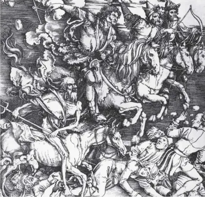  ??  ?? 0 The Four Horsemen of the Apocalypse ride across the Earth in this engraving from circa 1500