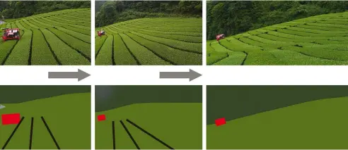  ??  ?? In four stages, this scene of a Japanese tea plantation was reduced from fairly busy, left, to just three elements on the right: tea bushes, harvester and trees. The two longer shots, left and right, are two-frame pan-andstitch images, a technique I...