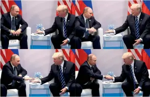  ?? AFP ?? A combinatio­n of pictures shows US President Donald Trump and Russia’s President Vladimir Putin shaking hands during a meeting on the sidelines of the G20 Summit in Hamburg on Friday. —