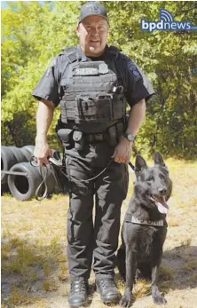  ?? BOSTON POLICE DEPARTMENT PHOTOS ?? VADER THE HARD-NOSED CANINE: Boston police officer David Miller and his K-9 partner Vader are shown above. Left, Vader goes through his paces. The heroic pooch saved Christmas for a burglary victim.