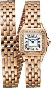  ??  ?? The Panthère de Cartier watch comes with a double loop bracelet in pink gold, bezel set with brilliant-cut diamonds.