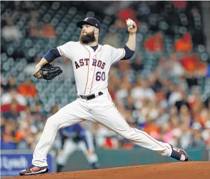  ?? Karen Warren / Houston Chronicle ?? Dallas Keuchel didn’t get off to a good start Wednesday night, allowing three runs to the Rays over the first three innings at Minute Maid Park. As a result, the Astros lefthander was handed his first loss of the season to drop to 9-1.