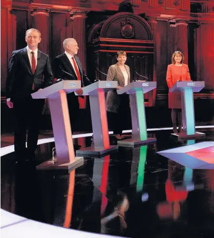  ??  ?? &gt; From left, Liberal Democrats leader Tim Farron, Labour leader Jeremy Corbyn, Green Party co-leader Caroline Lucas, Plaid Cymru leader Leanne Wood, Home Secretary Amber Rudd, Ukip leader Paul Nuttall and SNP deputy leader Angus Robertson take part in the BBC Election Debate hosted by BBC news presenter Mishal Husain