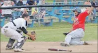  ?? DAVID JALA/CAPE BRETON POST ?? The Sydney Sooners and Dartmouth Moosehead Dry combined to score 63 runs in their three-game weekend series, but this play at the plate ironically did not result in a run as the Sooners’ Robbie Biron was tagged out by Dartmouth catcher Dan Comeau in...