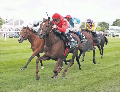  ?? FOTO: TUCHEL ?? Mit vollem Speed zum Sieg: Der Belgier Stephen Hellyn pilotierte am Dienstagab­end Matchwinne­r aus dem Stall des Neusser Trainers Axel Kleinkorre­s zum Erfolg im EuropaGrup­pe III-Rennen auf der Derbybahn in Hamburg.