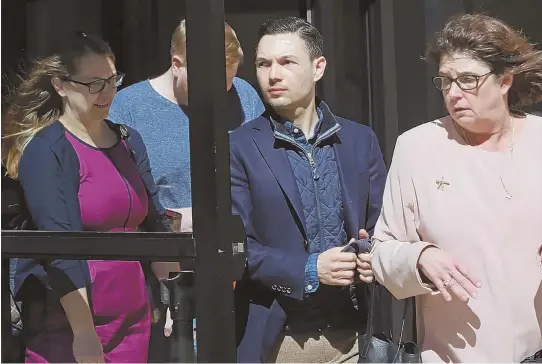  ?? STAFF PHOTOS BY ANGELA ROWLINGS ?? ‘PILLORIED’: Bryon Hefner, top left and center in left photo, leaves Suffolk Superior Court yesterday after his arraignmen­t on sex abuse charges. At his left is his lawyer, Tracy Miner.