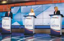  ?? ANTHONY QUINN/AP ?? Republican primary candidates for U.S. Senate, Peter Lumaj, from left, Themis Klarides and Leora Levy face off in a live broadcast debate at WTNH television studios Tuesday in New Haven.