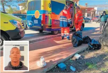  ??  ?? En la imagen de arriba, el bote de ácido con el que las dos mujeres fueron rociadas. En la foto del recuadro, la imagen del presunto agresor difundida ayer por la Policía Local de Casabermej­a.