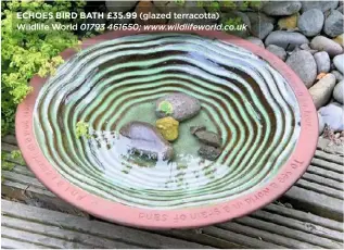  ??  ?? ECHOES BIRD BATH £35.99 (glazed terracotta) Wildlife World 01793 461650; www.wildlifewo­rld.co.uk