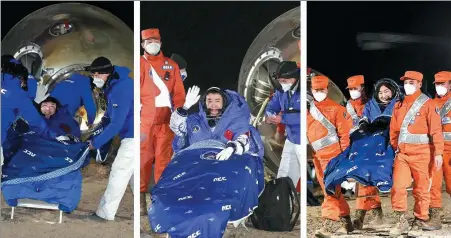  ?? PHOTOS BY LI GANG AND BEI HE / XINHUA ?? The three astronauts of Shenzhou XIV— Senior Colonel Chen Dong (center), the mission commander, Senior Colonel Liu Yang (right) and Senior Colonel Cai Xuzhe — are carried out of the capsule at the Dongfeng Landing Site in northweste­rn China’s Gobi Desert on Sunday after flying for nine hours in a re-entry trajectory.