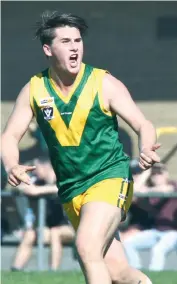  ??  ?? Hill End thirds player Blair Clymo celebrates after adding a goal against Yallourn Yallourn North in the thirds on Saturday.