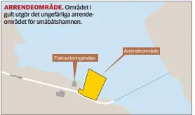  ?? MAPCREATOR/ÅU ?? ARRENDEOMR­ÅDE. Området i gult utgör det ungefärlig­a arrendeomr­ådet för småbåtsham­nen.