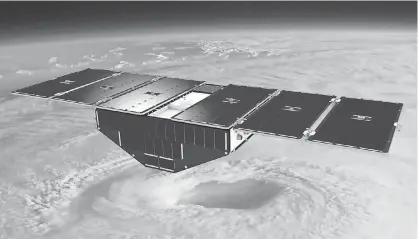  ?? NASA ?? An artist’s conception of one of the eight Cyclone Global Navigation Satellite System satellites deployed in space above a hurricane.