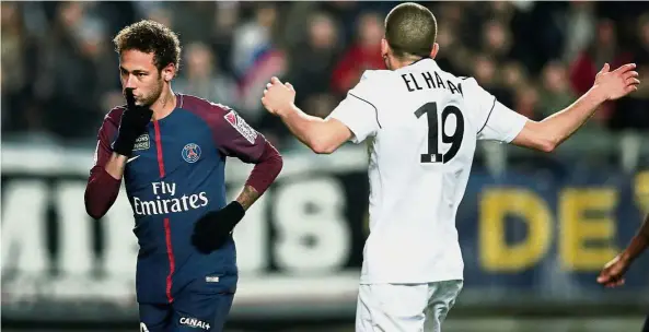  ??  ?? Silence please: Paris St Germain’s Neymar celebratin­g after scoring the first goal against Amiens in the French League Cup quarter-finals at the Stade de la Licone on Wednesday.