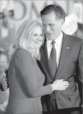  ?? By Steven Senne, AP ?? “Hard work”: Ann Romney, pictured March 20 with husband Mitt, refuted Hilary Rosen’s remarks on Twitter. “I made a choice to stay home and raise five boys,” Romney tweeted.