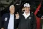  ?? THE ASSOCIATED PRESS ?? President Donald Trump and Vice President Mike Pence, left, participat­e in a briefing on the Hurricane Irma relief efforts, Thursday, Sept. 14, 2017, in Ft. Myers, Fla., at Southwest Florida Internatio­nal airport.